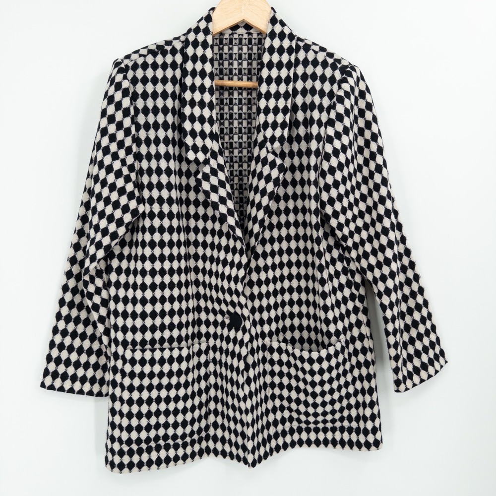 Vintage Black White Wool Blend Jacket Size 10 Petite Art Teacher Dopamine Retro